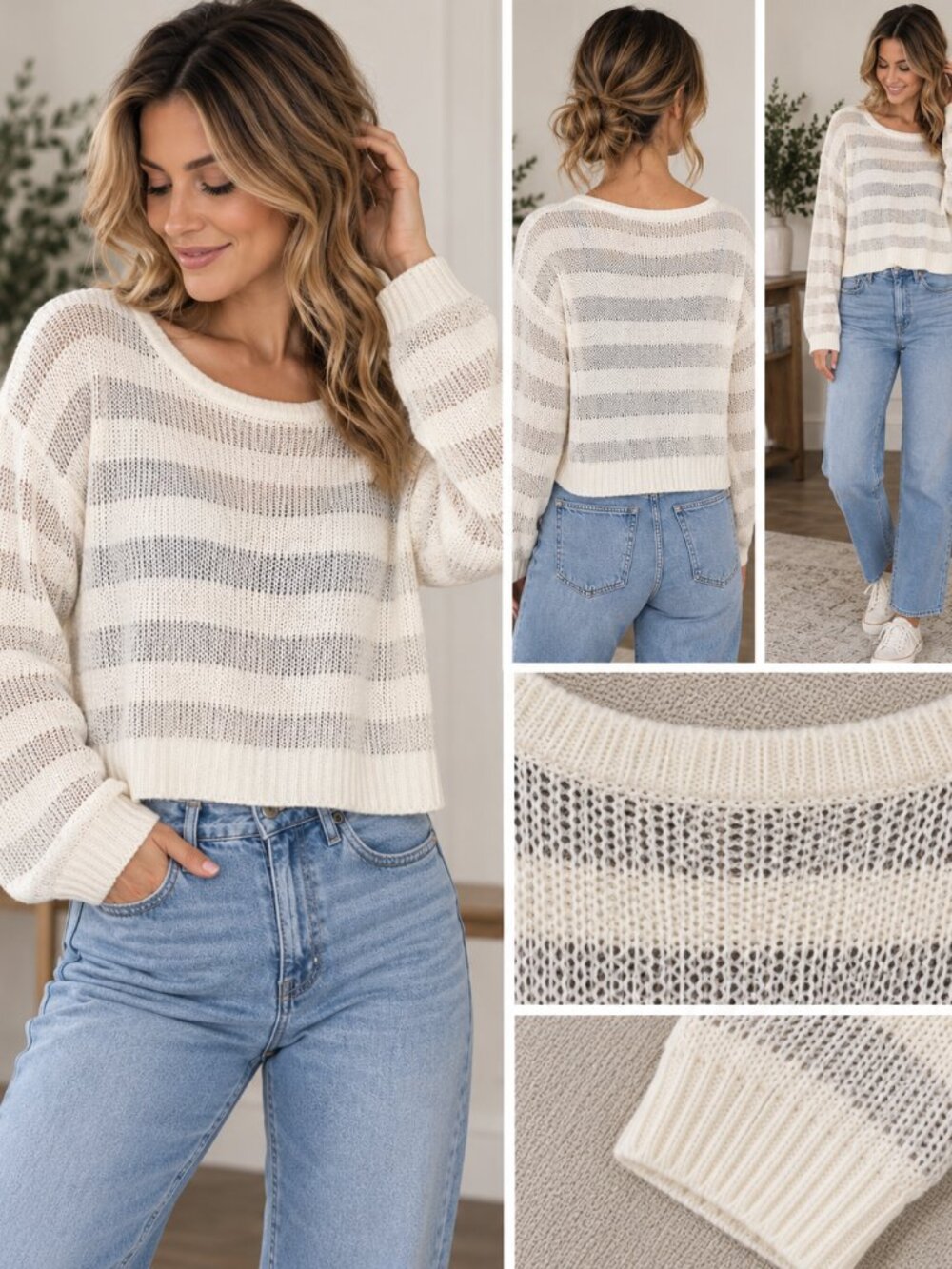 Lucy Paris NWT Womens L Ivory Striped Open Knit Cropped Sweater Nordstrom